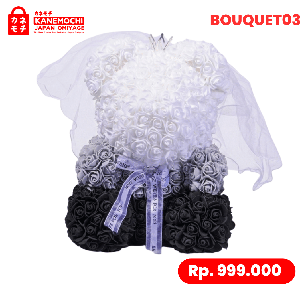 Varian TEDDY BEAR ROSE BUKET (VARIASI PENGANTIN) WHITE-GREY-BLACK dari Kyoto Bridal Blossom (VARIASI PENGANTIN) - TEDDY B...